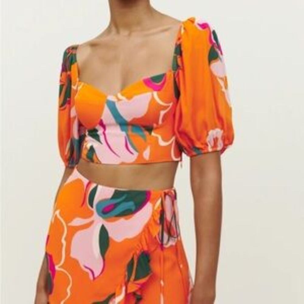 Reformation Orange Tropical Print Cropped Tank Puff Sleeve Beachy Womens Size 4